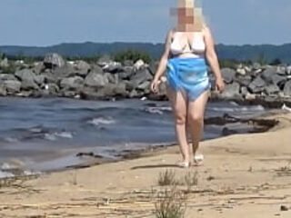 Hot Mom on the Beach in White Swimsuit